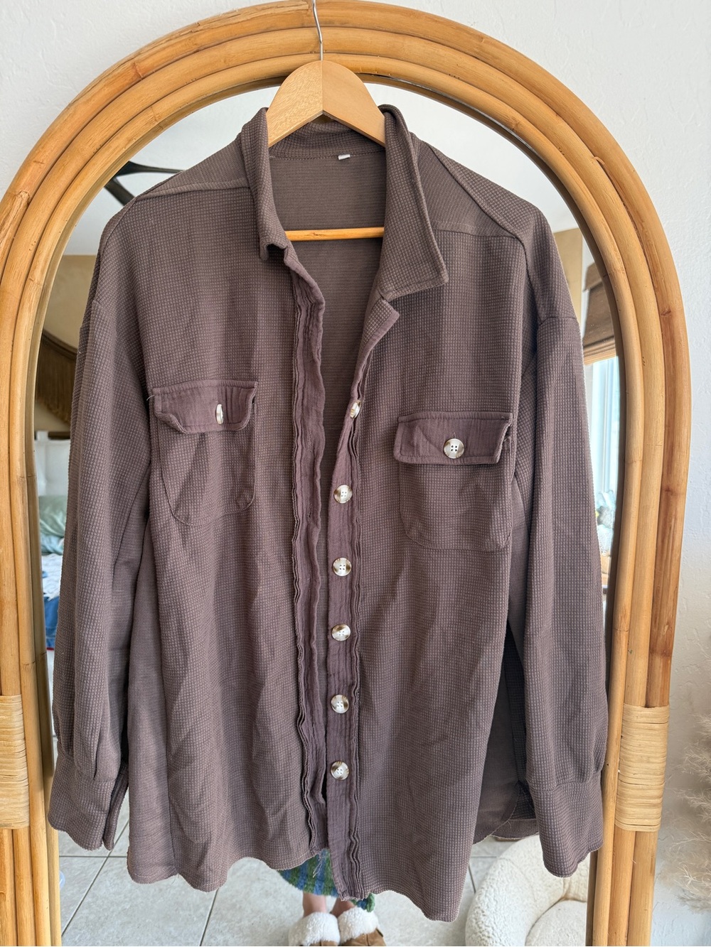 Waffle-Knit Brown Button-Down Shirt for Women